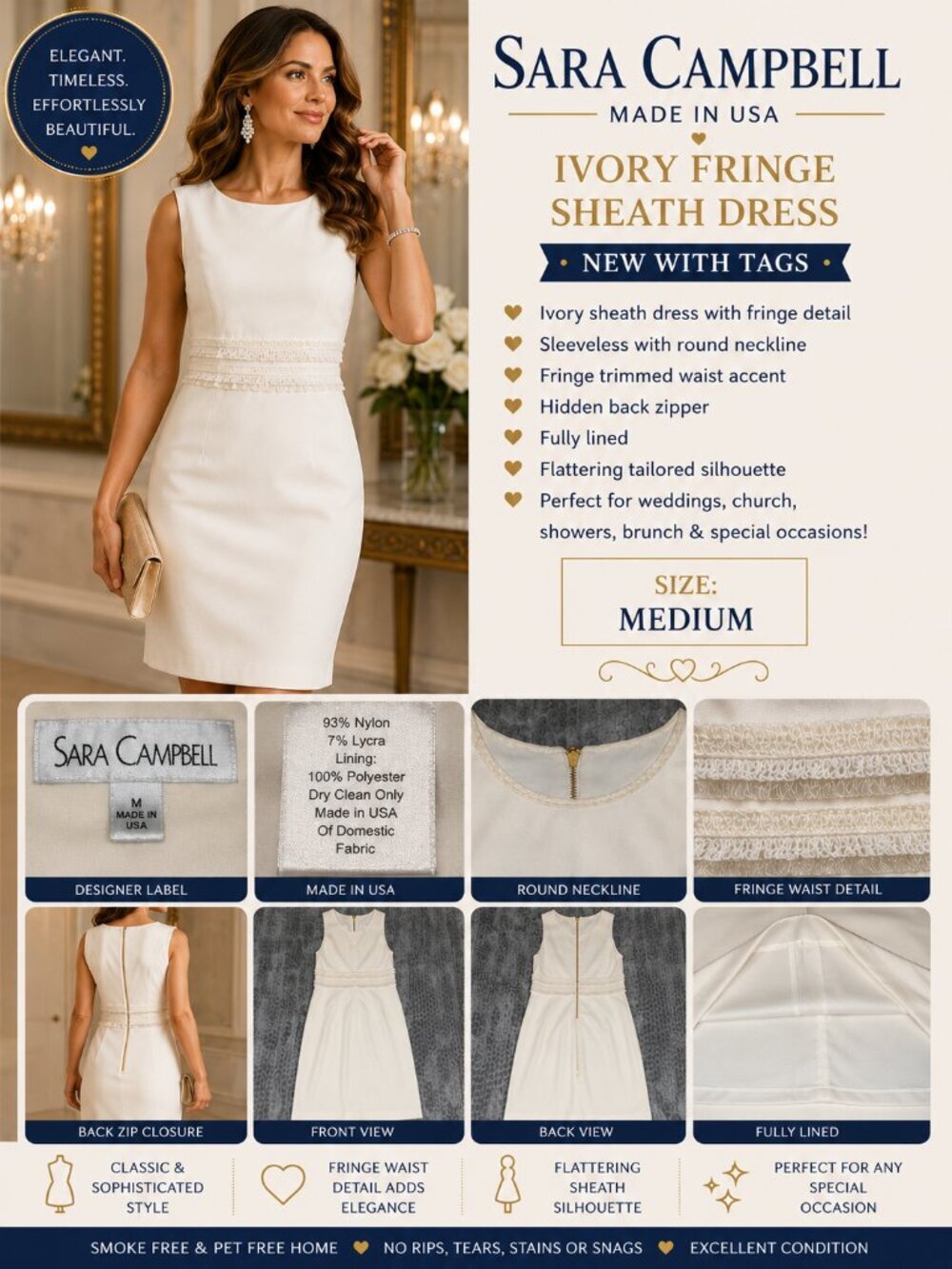 Sara Campbell Ivory Fringe Waist Sheath Dress | Made in USA | Size M | Elegant